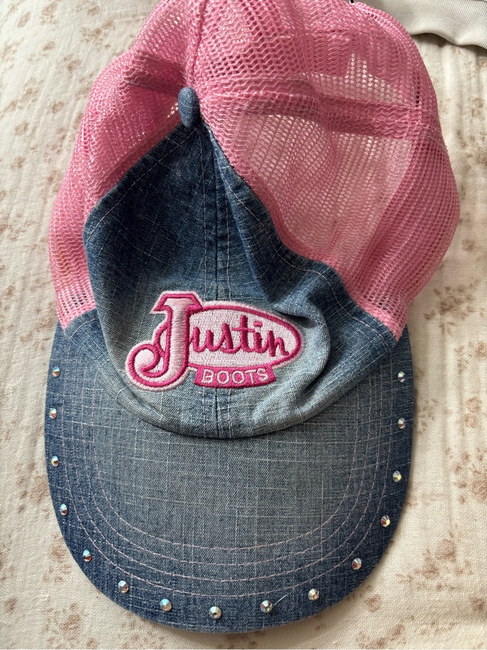 Justin Boots Pink Mesh and Denim Cap with Crystal Brim. Cowgirl Blue and Black.